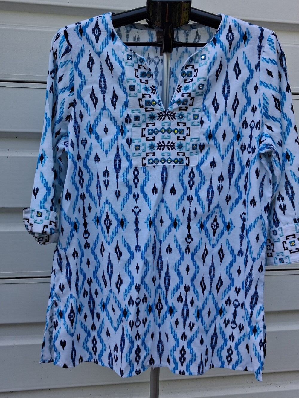 Chico's Tunic Women’s Blue Ikat Print V-Neck Top Size 1